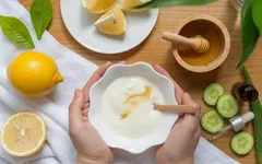 Natürliche Gesichtspflege mit Joghurt, Honig, Zitrone und Gurken auf Holztisch.