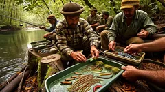 Angler bereiten Angelköder am Flussufer im dichten Wald für das Fischen vor.
